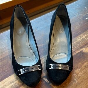 Calvin Klein Black Faux Suede Wedges  with Silver Toe Bar